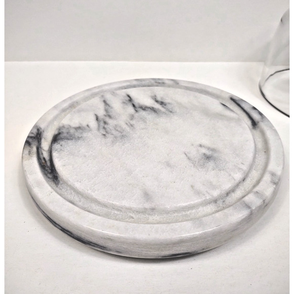 Vintage Marble Cheese Board Plate, Glass Cloche Dome, Footed Base, 7.5" Diameter - Picture 4 of 7